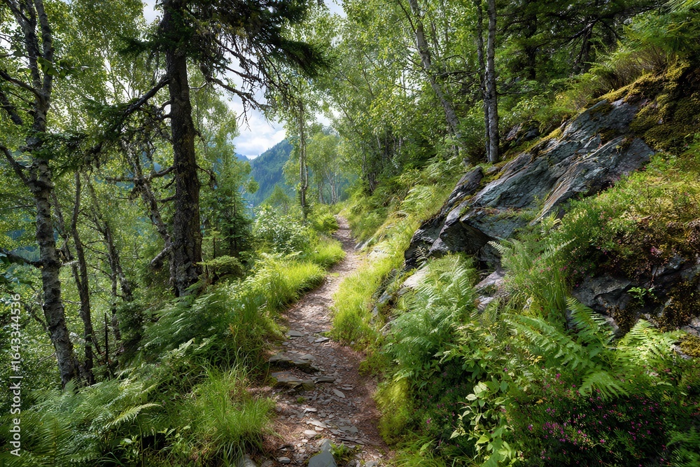 Naklejka premium Scenic hiking path meandering through vibrant summer woodland vistas for outdoor enthusiasts
