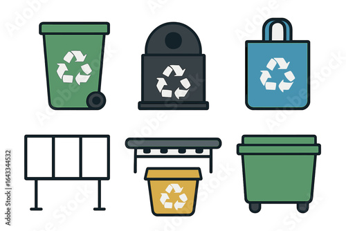 Recycling symbols represented through various containers and bags in simple, colorful designs for eco-friendly practices