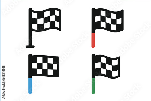 Different styles of checkered flags displayed with colored accents for motorsport events and racing occasions