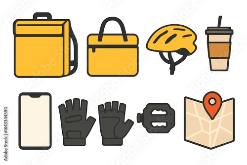 Yellow cycling essentials for urban commuting and outdoor adventures, featuring a backpack, helmet, and map