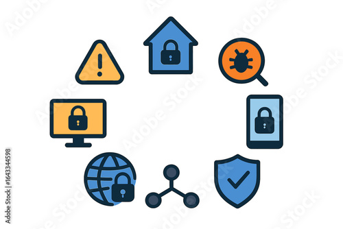 Cybersecurity icons representing various aspects of digital safety and protection measures around the globe