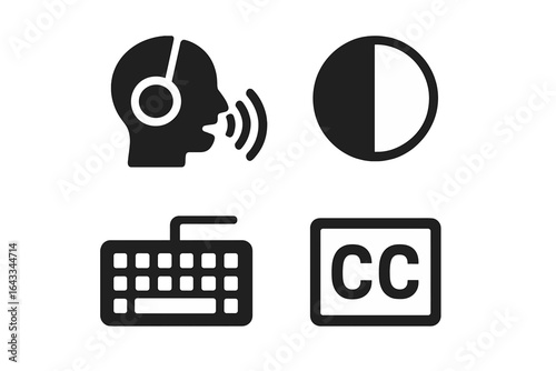 Visual symbols representing audio transcription, communication, and accessibility in digital media activities