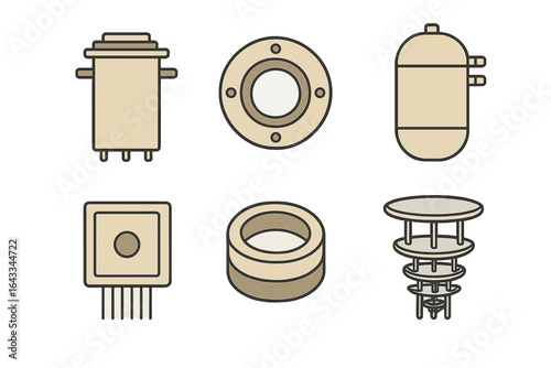 Collection of mechanical components and parts for engineering applications and designs in various shapes and functions