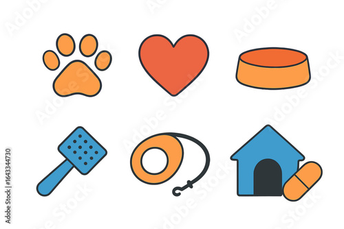 Icons representing pet care essentials for dog and cat owners in vibrant colors