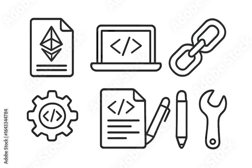 Icons representing software development tools and resources featuring coding, documentation, and technical elements in a modern layout