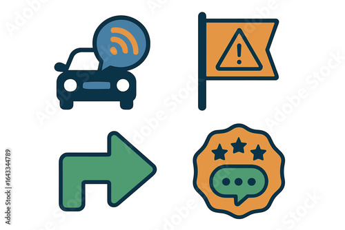 Symbols representing road safety and navigation features in a graphic design layout for modern drivers