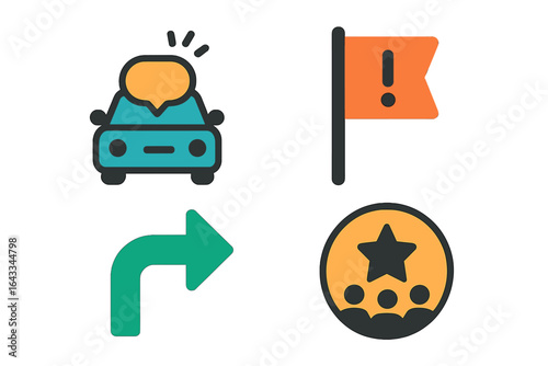 Symbols depicting driving instructions and safety alerts in a graphical format