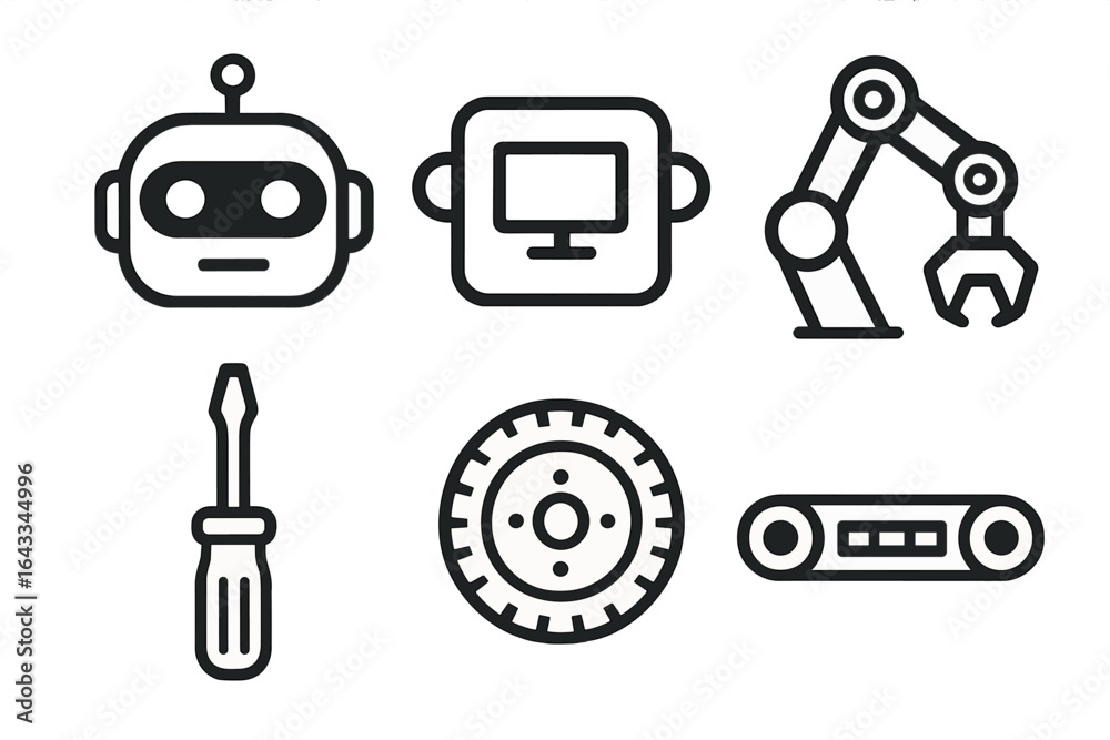 Fototapeta premium Different types of technology tools and equipment including robot, monitor, robotic arm, screwdriver, saw blade, and conveyor belt
