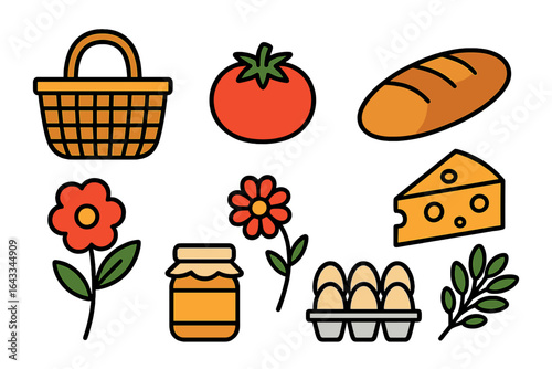 Colorful collection of fresh produce, flowers, and homemade goods arranged in a visually appealing layout