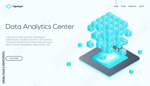 Abstract big data analytics center with processor, computing technology. Network infrastructure website layout template. Isometric vector illustration.