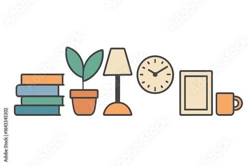 Home office decor featuring books, plant, lamp, clock, frame, and cup in a cozy and stylish arrangement