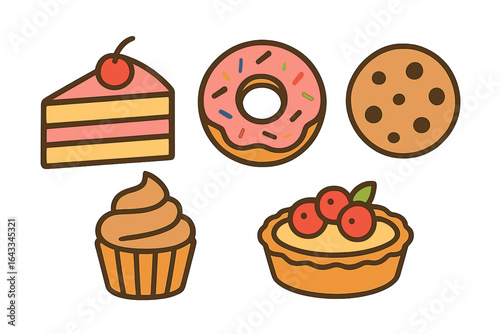 Delicious assortment of sweet desserts featuring cake, donuts, cookies, cupcakes, and pies arranged on a plain background