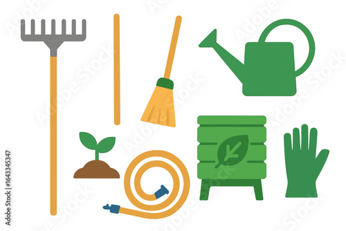 Garden tools and equipment arranged for spring planting and landscaping tasks in a vibrant outdoor setting