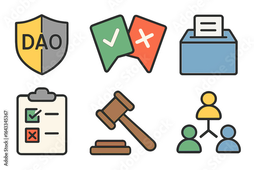 Icons representing decentralized autonomous organization governance, voting, and decision-making processes