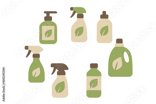Bottles of eco-friendly cleaning products arranged in a circle on a light background
