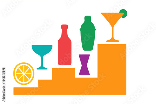 Creative cocktail illustration showcasing various drink types in a vibrant and playful arrangement at a modern bar setting