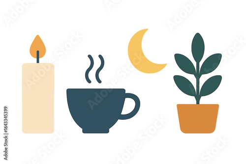 Cozy evening setup with candle, steaming cup, moon, and plant in a serene atmosphere