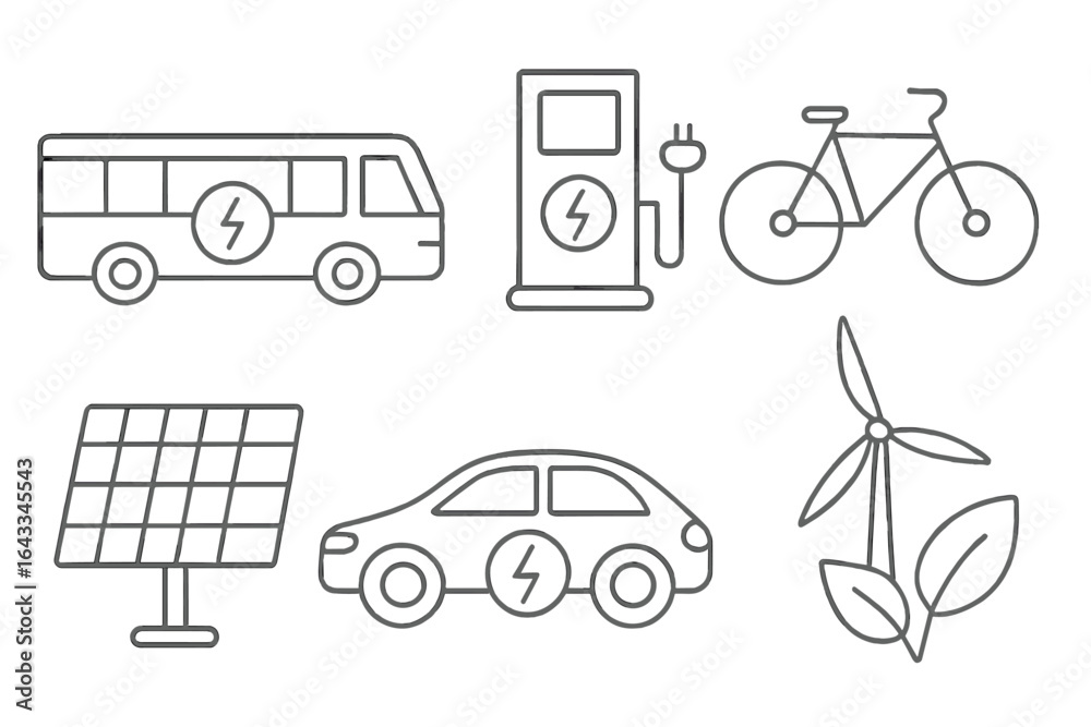 Fototapeta premium Electric transportation and renewable energy icons showcasing a sustainable future