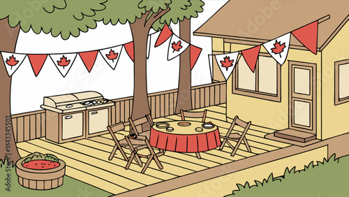 Celebrate canada day backyard bbq party with maple leaf flags grill and outdoor dining for summer fun event
