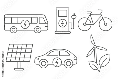 Electric transportation and renewable energy icons showcasing a sustainable future