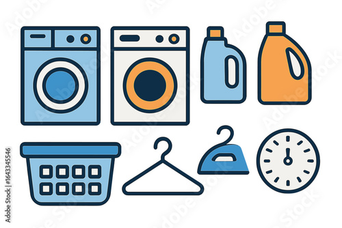 Laundry essentials including washers, detergents, and hanging supplies in a clean, organized setting