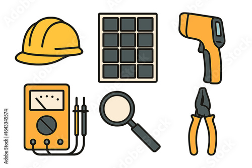 Tools for renewable energy projects including a multimeter and safety gear at a construction site