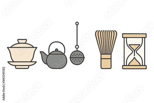 Tea preparation accessories showcasing a teapot, infuser, whisk, and hourglass against a minimalist backdrop