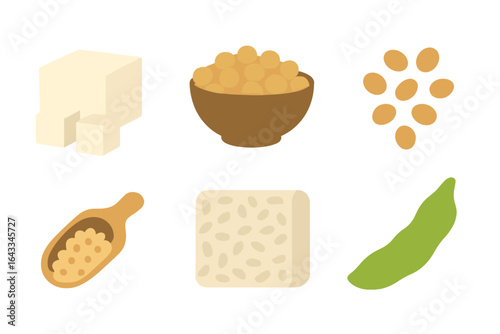 Various types of soy products displayed in a simple and organized manner on a white background