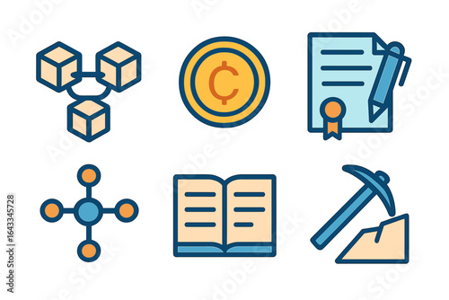 Digital icons representing blockchain technology, cryptocurrency, smart contracts, and education on decentralized systems