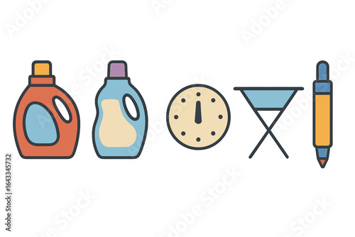Household items used for cleaning and organization on a flat surface in a minimalistic style