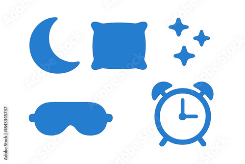 Sleep essentials including moon symbol, pillow, sleep mask, and alarm clock in blue colors