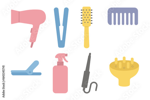 Essential hair styling tools arranged in a flat lay on a clean background, showcasing diverse items for personal grooming needs