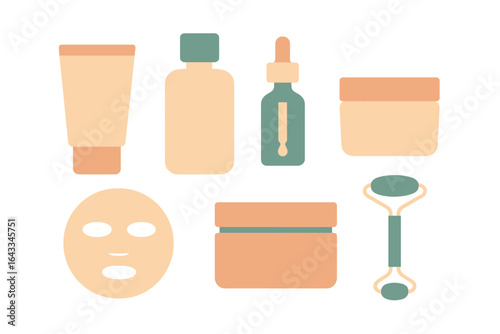 Collection of skincare products arranged on a clean surface for beauty routine preparation and self-care