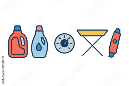 Laundry supplies and outdoor cooking tools arranged on a flat surface during a summer day