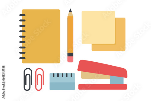 Office supplies arrange on a white surface including notebook, pen, sticky notes, and stapler for productivity enhancement
