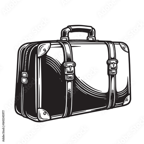 Elegant vintage travel suitcase illustration in a detailed black and white engraved style