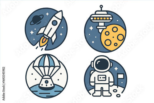 Space exploration with rocket, space station, lunar surface, parachute landing, and astronaut at night