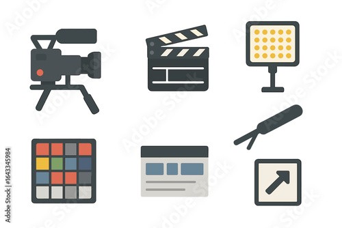 Camera equipment and film production tools displayed on a light background showcasing creativity and professionalism in the film industry