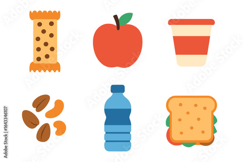 Healthy snack assortment featuring fruits, nuts, and sandwiches for a balanced meal