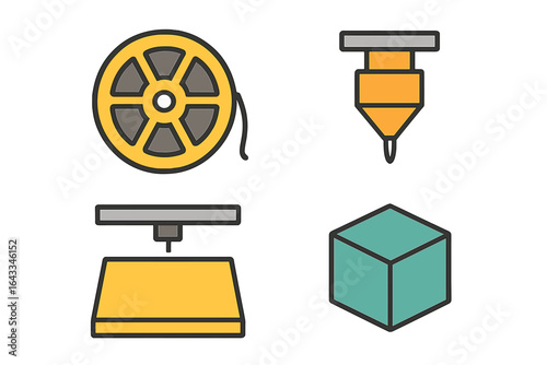 Various tools and components used in 3D printing and manufacturing processes showcased in a digital design layout