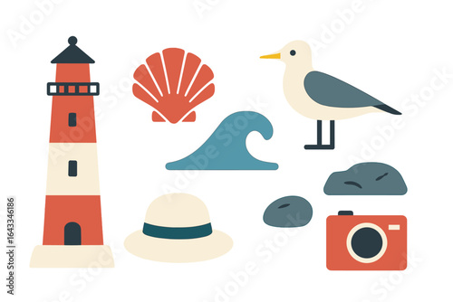 Colorful beach elements depict a relaxed coastal atmosphere with a lighthouse, seashell, seagull, waves, and beach accessories