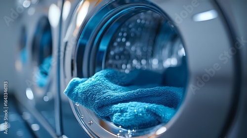 Clean blue towels visible through washing machine door with circular window, showing fresh laundry in modern laundromat setting with soft focus background.