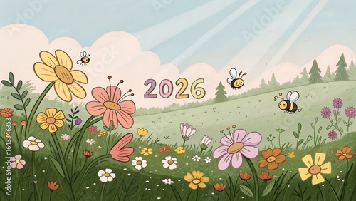 Flower Meadow with number 2026. Wildflower cartoon animation.