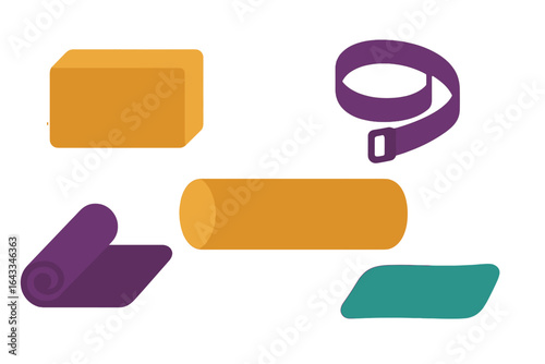 Yoga accessories including blocks, strap, bolster, and mat in various colors arranged on a white background