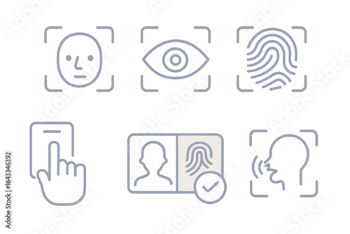 Facial recognition technology icons demonstrating biometric verification methods and user interactions