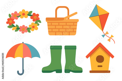Colorful spring items including a flower wreath, basket, kite, umbrella, rain boots, and birdhouse set against a plain background