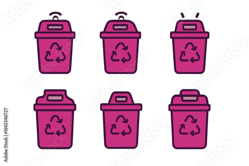 Collection of six colorful recycling bins designed with modern style features