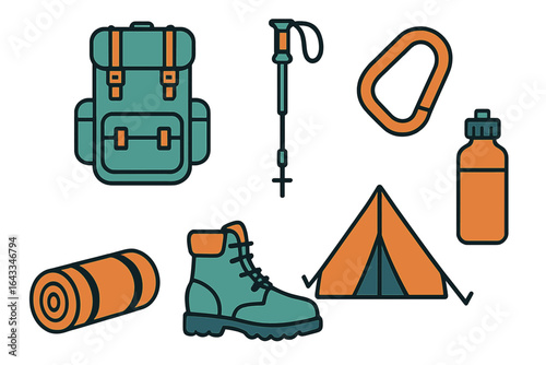 Outdoor camping gear including backpack, tent, water bottle, and hiking boots arranged in a flat lay format for adventure preparation
