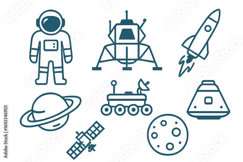 Exploring space with astronaut, rover, lander, and celestial bodies during a futuristic mission