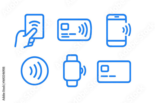 Contactless payment technology illustrated with symbols of cards, phones, and wearables used for transactions